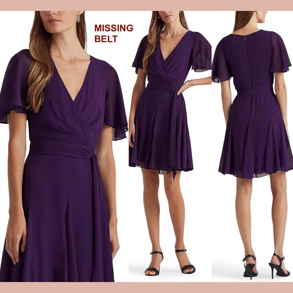 NWD$165 LAUREN Ralph Lauren [ 14 ] Crinkle Georgette Surplice Dress‎ Purple